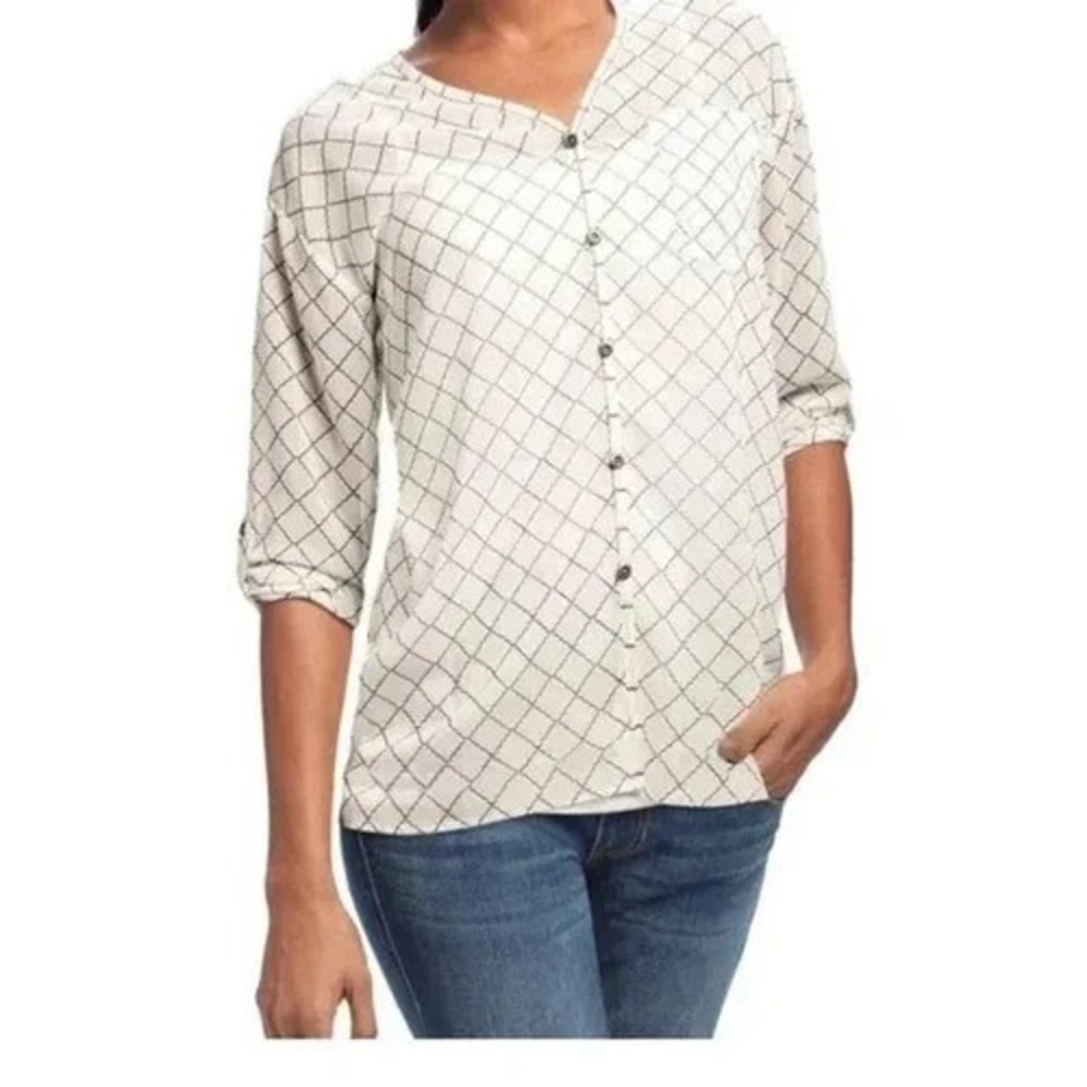 CABI Chessboard Plaid Sheer Blouse‎ White/Black  Sz Small 3/4 Sleeve #740